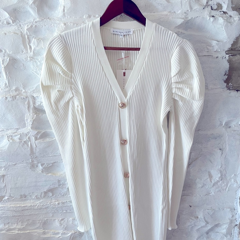 Buttercup Statement Sleeve White Ribbed Knit Dress